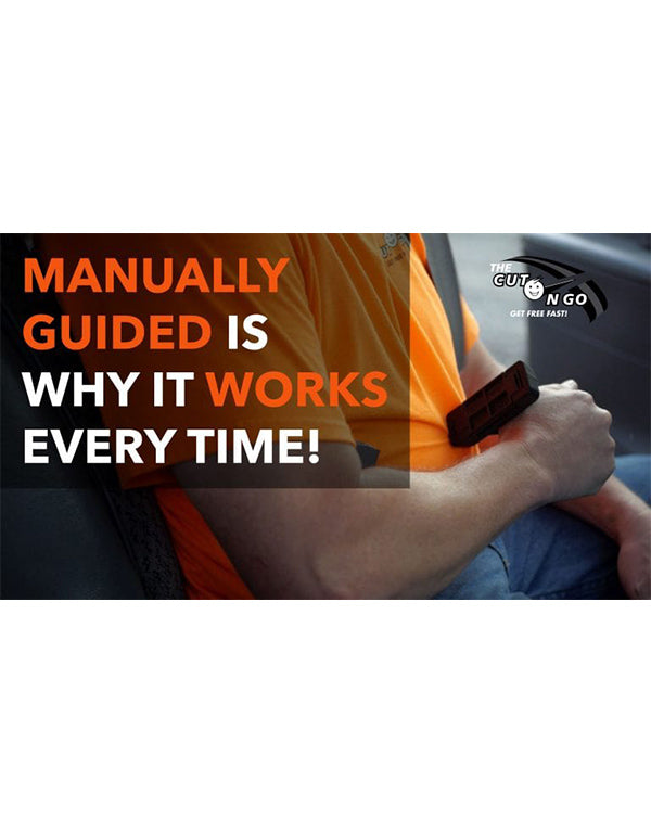 Person wearing an orange safety shirt with text Manually guided is why it works every time!
